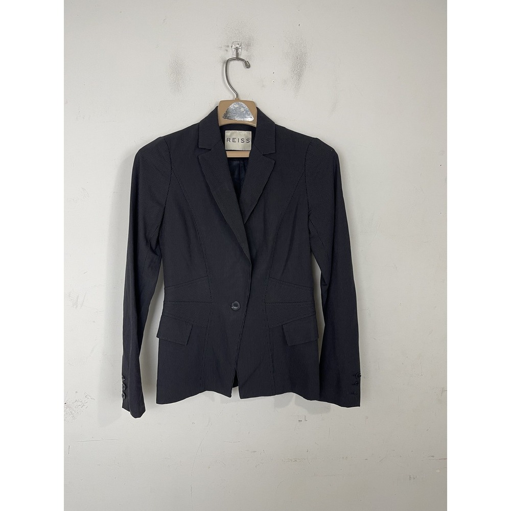 REISS Womens Blazer Jacket 2 Dark Gray Pinstripe Wool Blend Career Corporate